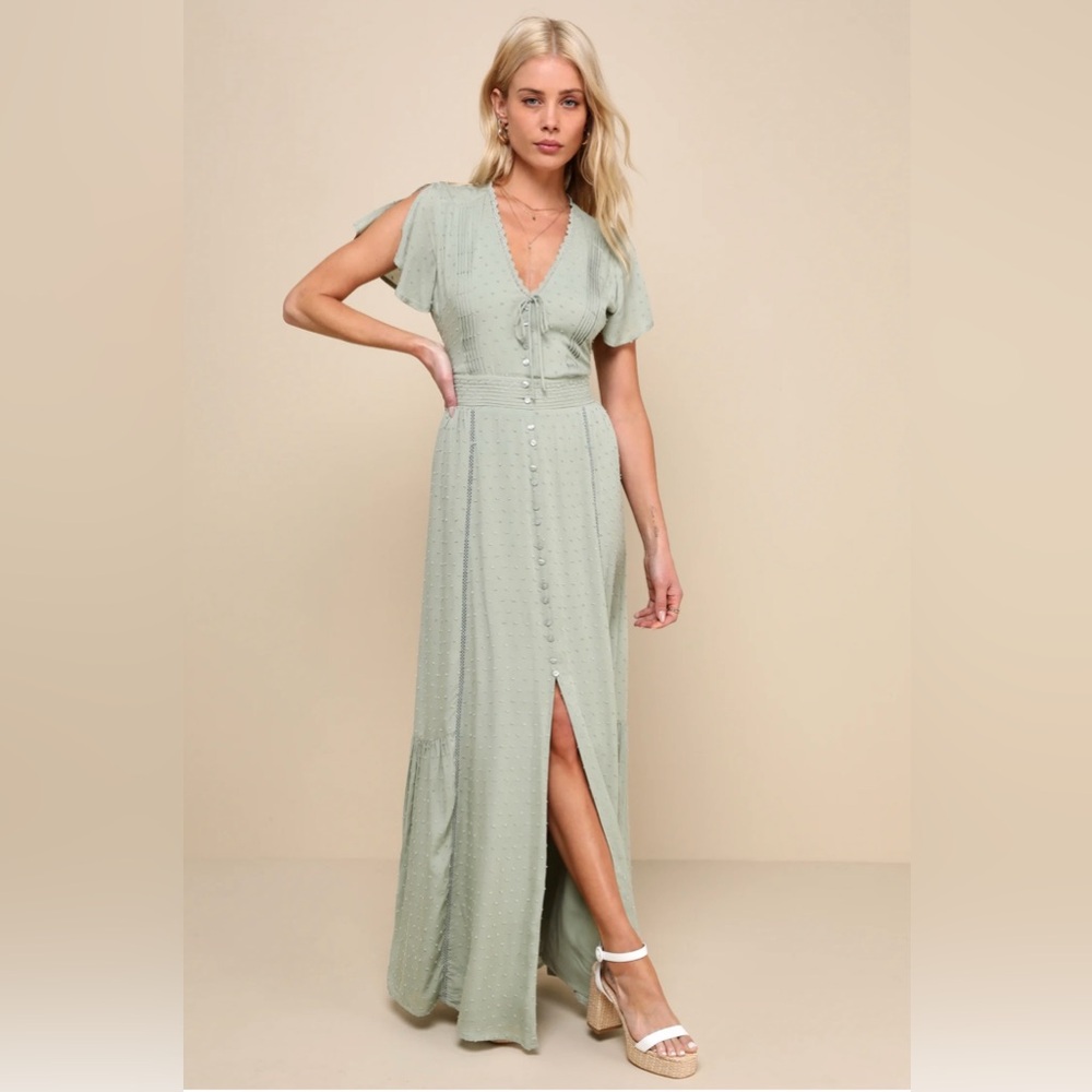 NWOT Completely In Love Sage Green Swiss Dot Button-Front Maxi Dress - M